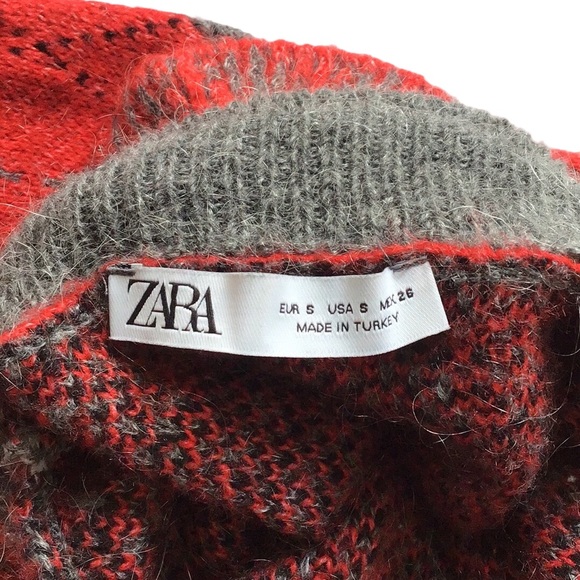 Zara Argyle Turtleneck Ruffle Mohair Blend Red Grey Black Sweater, size S - Picture 7 of 15